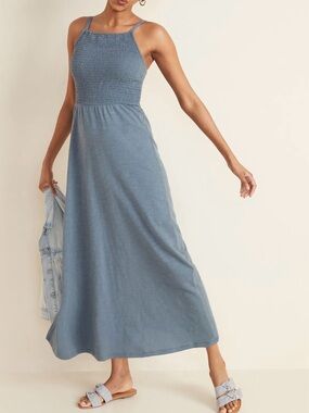 Old Navy Size XL Blue Maxi Sun Dress Smocked Top Slub Knit Cottage Core Boho